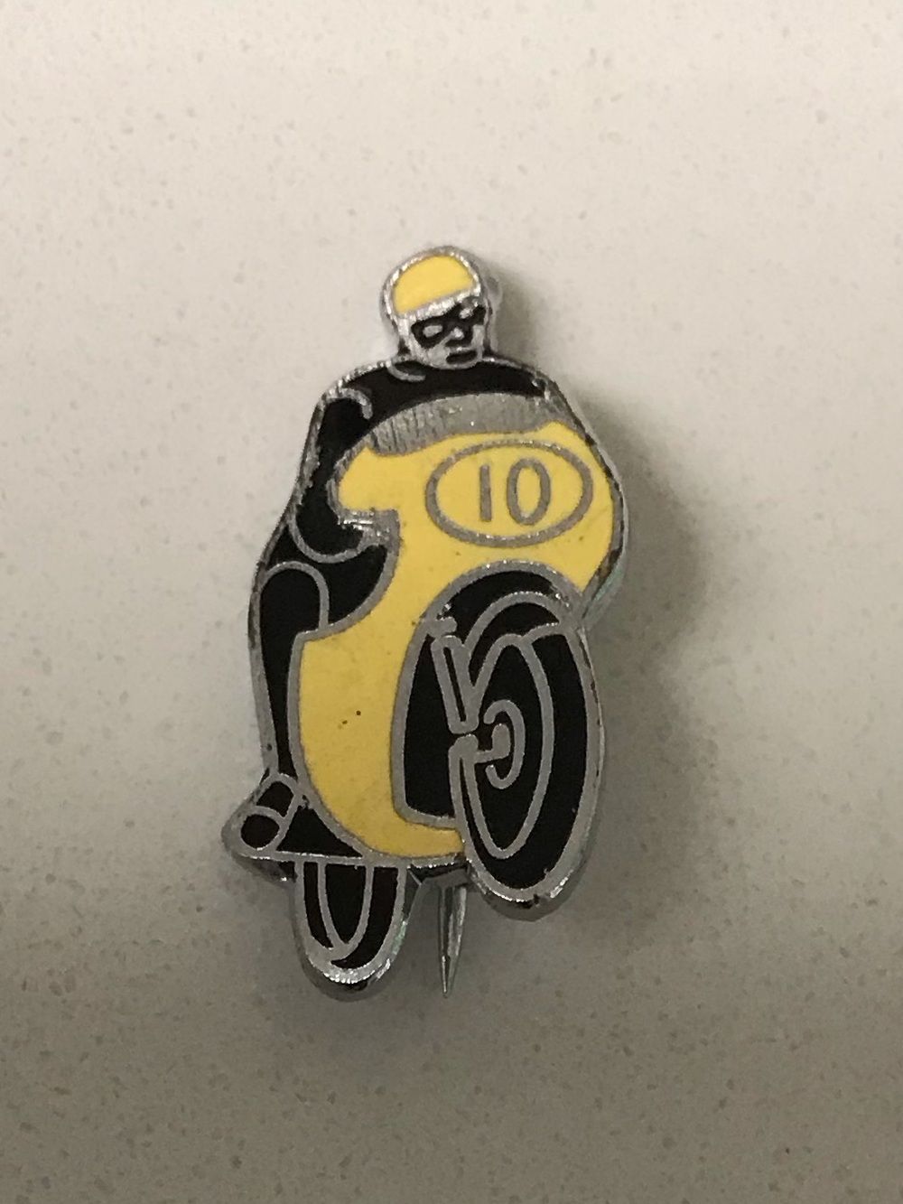 Yellow & Black Racing Wheelie Motorcycle Rider #10 Lapel Pin Badge